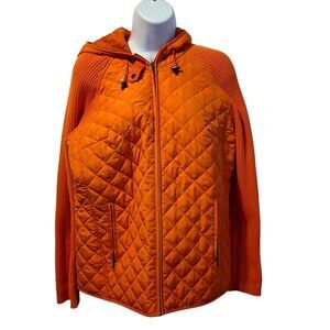 Denim & Co Womens Jacket Sz S Quilted Rib Knit Sleeve Zip Hooded Pockets Orange